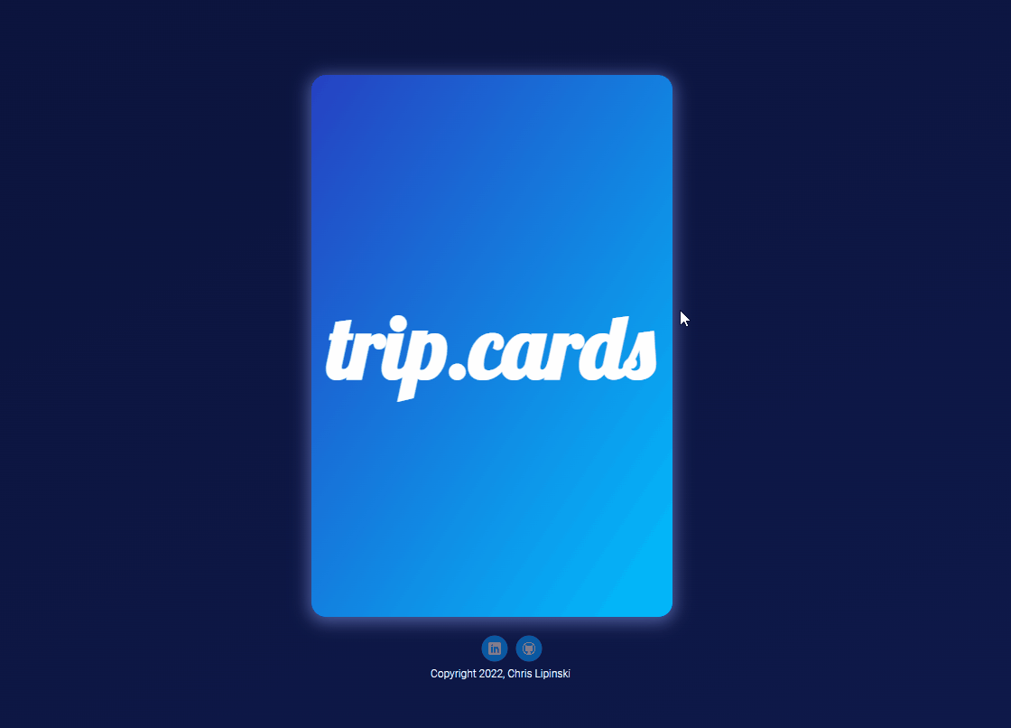 Screenshot of website landing page trip.cards